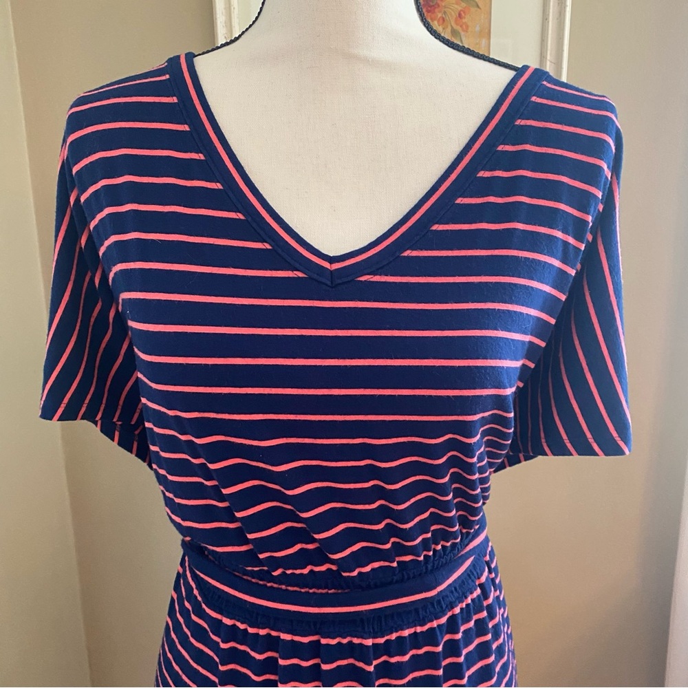 Lands’ End Navy & Coral Striped V-Neck Cinched Stretch Waist Midi Dress Plus 1X - Picture 3 of 9